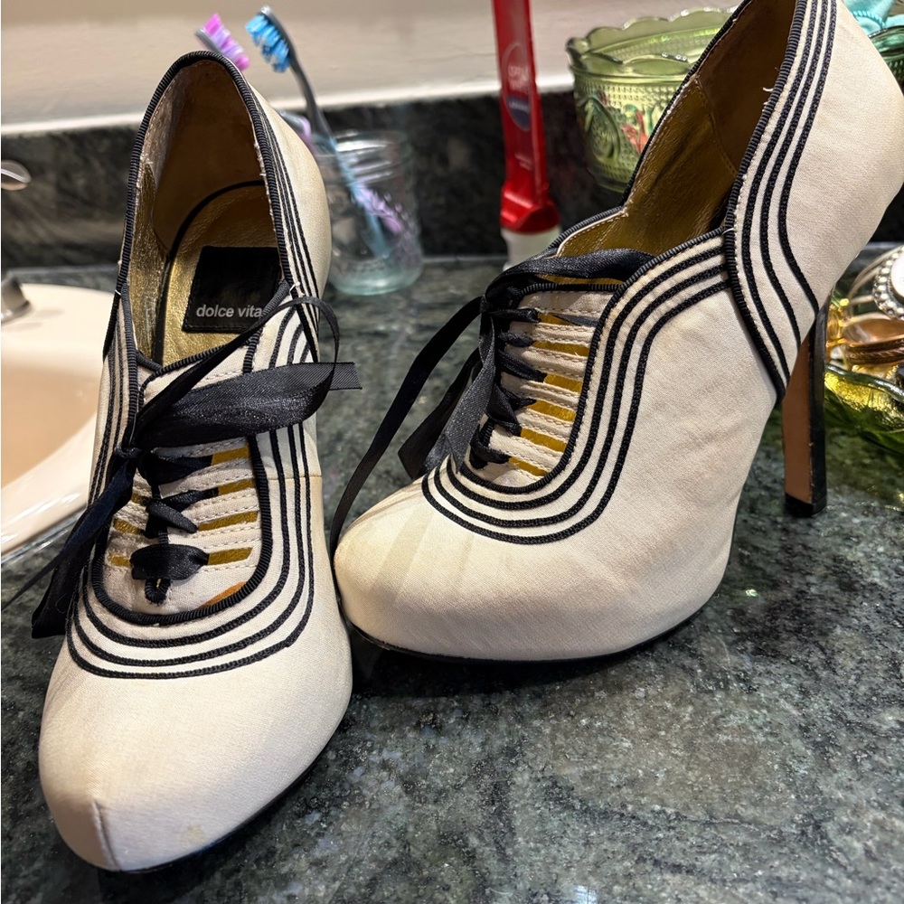 Dolce Vita Cream and Black Ribbon Lace-Up Heels